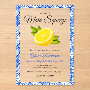 Mama's Main Squeeze Blue Tegel Citroen Baby shower Acryl Uitnodigingen