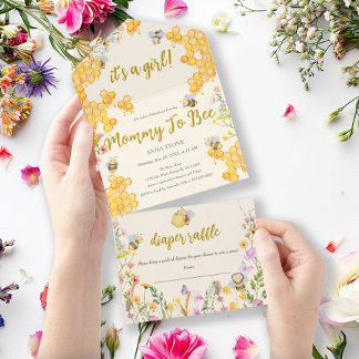 Mammie voor Bij Bloem Bijenmeisje Baby Shower All In One Uitnodiging
