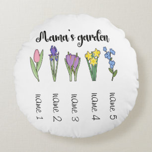 Mam's bloemtuin met 5 gepersonaliseerde namen rond kussen