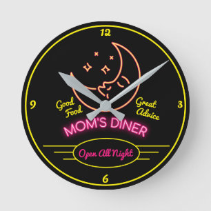 Mam's Diner Open All Night Retro 50's Neon Effect Ronde Klok
