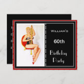 Man 60e verjaardagsfeestje Uitnodiging Red Pin-up (Voorkant / Achterkant)