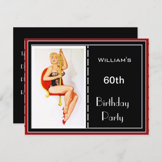 Man 60e verjaardagsfeestje Uitnodiging Red Pin-up (Voorkant / Achterkant)
