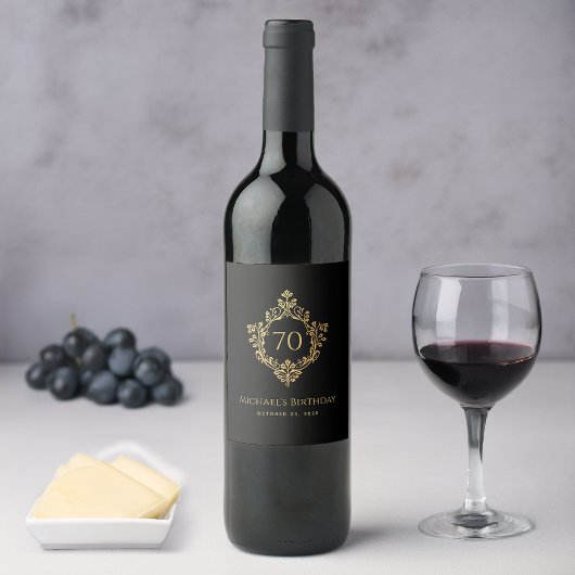 Man 70e Verjaardag Elegant  Zwart Goud Crest Wijn Etiket