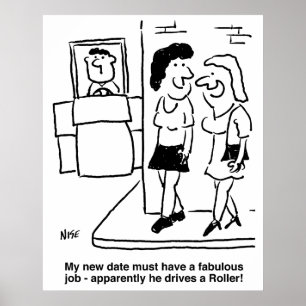 Man bestuurt een wegwals grappige cartoon poster