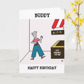 Man bij Bar IOU Tekening - Buddy Happy Birthday Kaart (Gele Bloem)