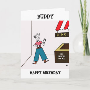 Man bij Bar IOU Tekening - Buddy Happy Birthday Kaart