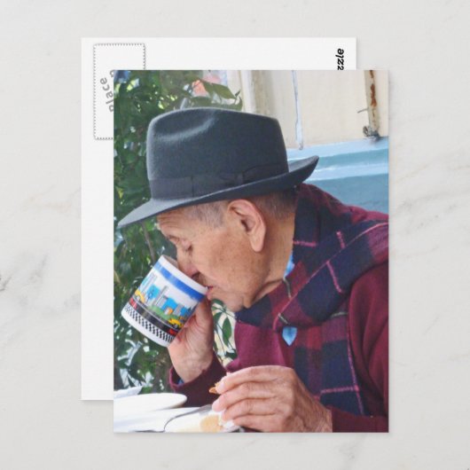 Man bij de Cafe - Eerste Koffiebeker Briefkaart (Voorkant / Achterkant)