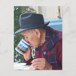 Man bij de Cafe - Eerste Koffiebeker Briefkaart