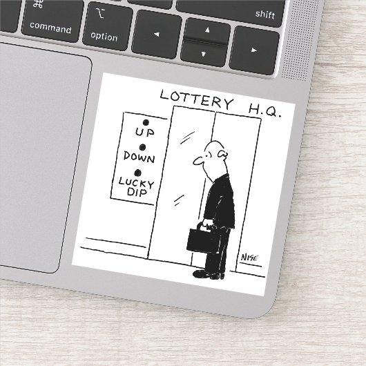 Man bij een lift. Funny Lift Buttonnen. Sticker (Detail)