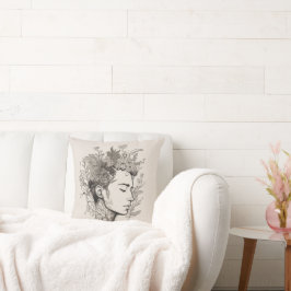 Man Black Line Art met Flower Boho-stijl Kussen