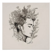 Man Black Line Art met Flower Boho-stijl Perfect Poster (Voorkant)