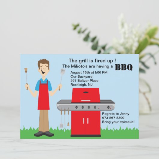 Man dat de grill Barbecue nodigt uit Kaart (Staand voorkant)