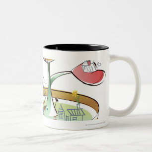 Man dat een plant met potten bewatert tweekleurige koffiemok