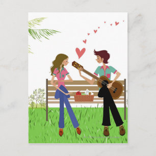Man dat gitaar speelt met een vrouw naast haar briefkaart