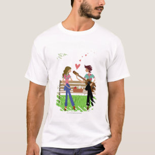 Man dat gitaar speelt met een vrouw naast haar t-shirt