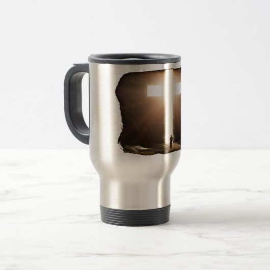 Man dat het Christelijke kruis van Jezus stroomt Reisbeker (Voorkant links)