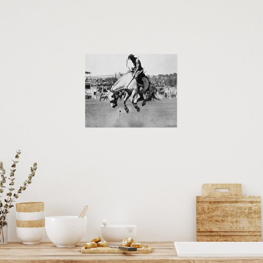 Man dat het springpaard in rodeo rijdt poster (Keuken)