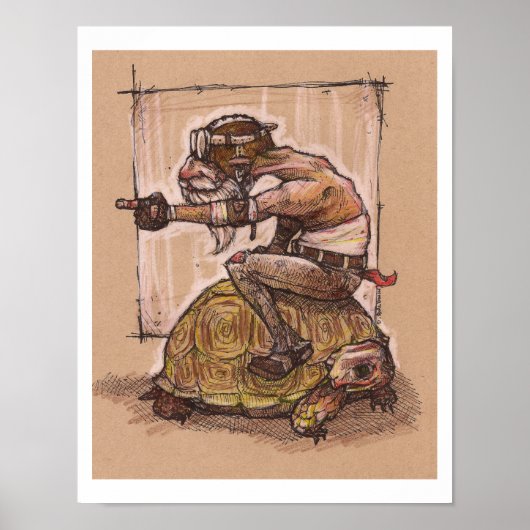 Man dat op een schildpad rijdt poster (Voorkant)