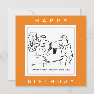 Man die een barmeid in een pub cartoon vleierig to kaart