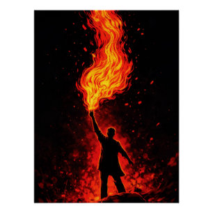 Man die enorme fakkel vasthoudt Dramatische silhou Perfect Poster