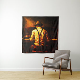 Man die piano speelt van achteren Impasto Olie Sch Wandkleed