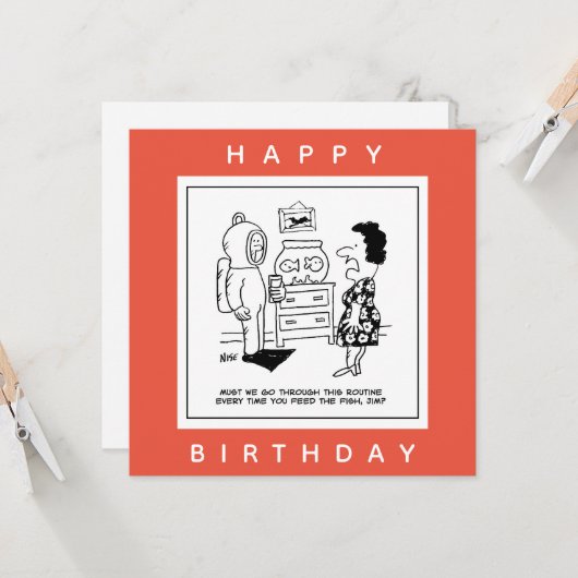 Man Dons Scuba Diving Outfit to Feed Fish Cartoon. Kaart (Voorkant / Achterkant in situ)