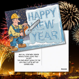 Man dragen van werk outfit snijden ijs nieuwe jare briefkaart