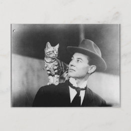 Man en kat zwart-wit ansichtkaart briefkaart