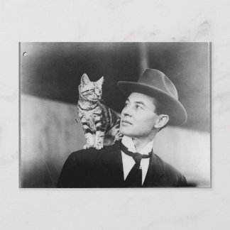 Man en kat zwart-wit ansichtkaart briefkaart