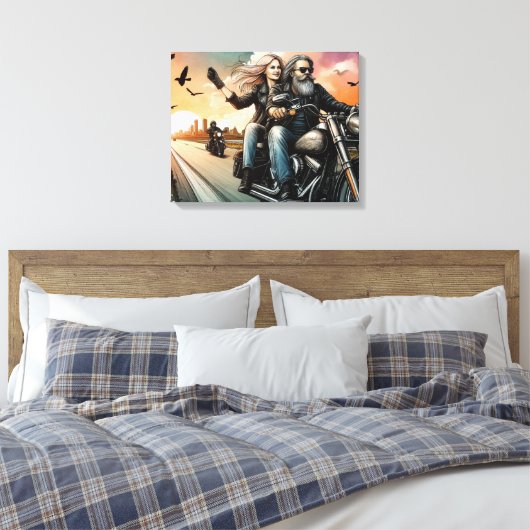 Man en Vrouw Rijden Motorfiets op Snelweg Canvas (Insitu (Slaapkamer))