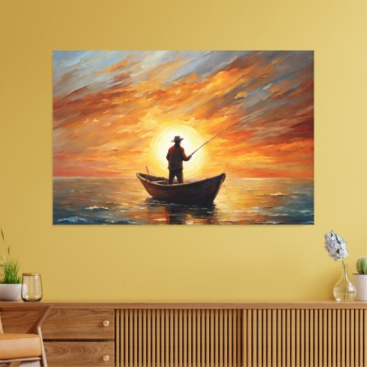 Man fishing inside the boat with a sunset canvas afdruk (Insitu (Woonkamer))
