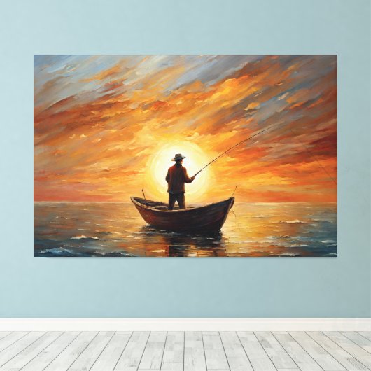 Man fishing inside the boat with a sunset canvas afdruk (Insitu (Houten vloer))