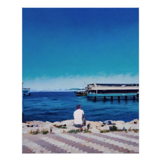 Man geniet van een sereen Uitzicht met bootjes Perfect Poster