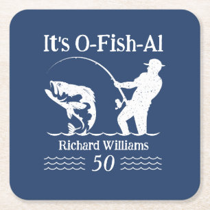 Man Het is O-fish-al Fisherman 50th Birthday Party Vierkante Kartonnen Onderzetter