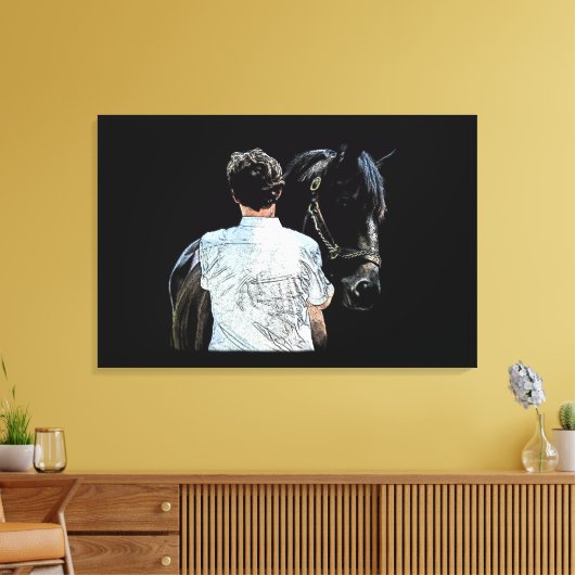 Man Holding Horse Dark Stretched Canvas afdrukken (Insitu (Woonkamer))
