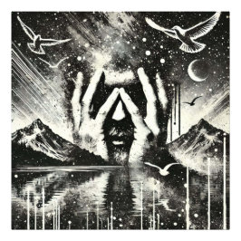 Man houdt zijn hoofd in zijn handpalmen, zwart en foto afdruk