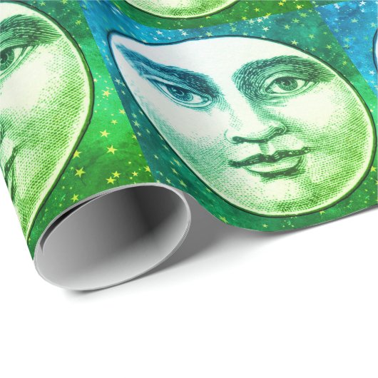 man in de maan vol gezicht blauwgroen blauwe ster cadeaupapier (Rol Hoek)