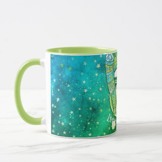 man in maan grillige winter pet blauw groen mok (Links)