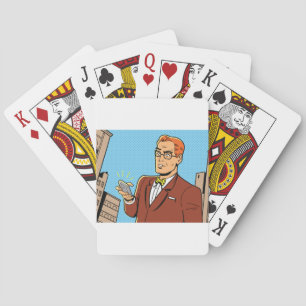 Man in stripstijl die naar mobiele telefoon kijkt pokerkaarten