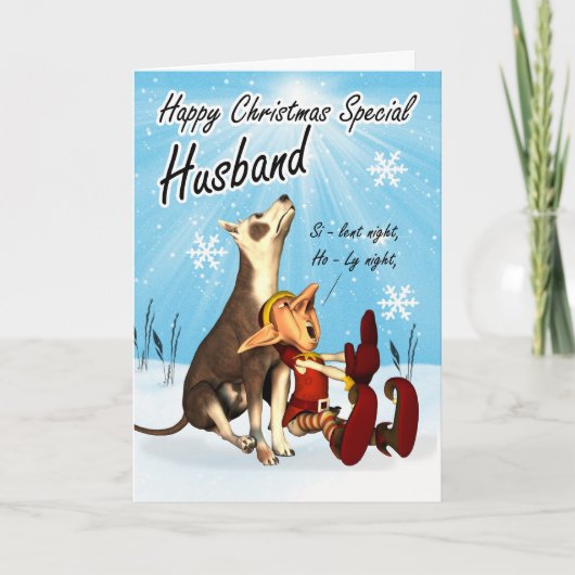 Man Kerstkaart schattig, zingende hond en elf Feestdagen Kaart (Voorkant)