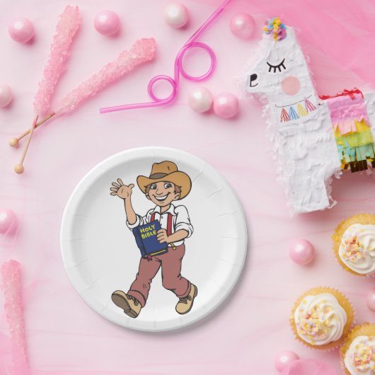 Man met bijbel papieren bordje (Feest)