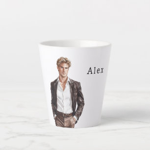 Man met blond haar en bruin jasje latte mok