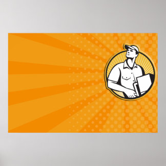 Man met een dolly met kartonnen omloop leveren poster