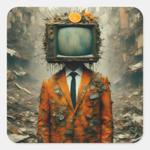 man Met een tv op Zijn Hoofd Verval van de Samenl Vierkante Sticker