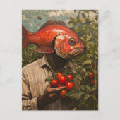 Man met een vis voor een hoofd in een tomatentuin briefkaart (Voorkant)