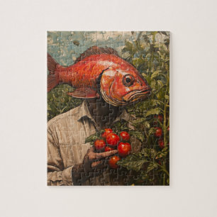 Man met een vis voor een hoofd in een tomatentuin legpuzzel