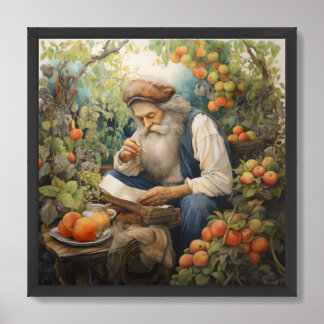 Man met grijze baard lezen in zijn fruittuin poster