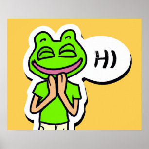 Man met lachende kikkerkop op gele AI-kunst Poster