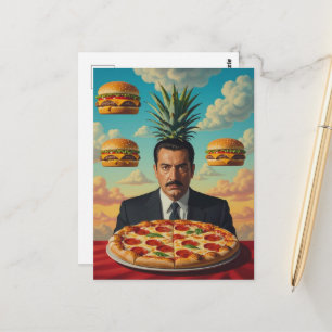 Man Met Pizza en Cheeseburgers in de Lucht Surreal Briefkaart