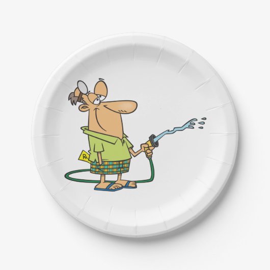 Man met tuinslang papieren bordje (Voorkant)